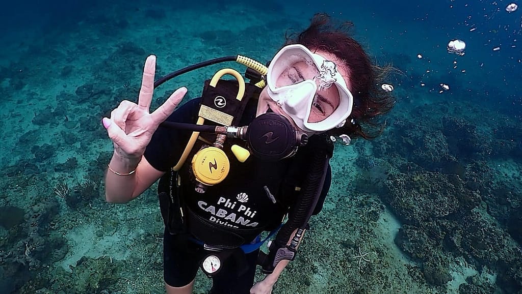 phi-phi-cabana-diving-scuba-review-01 A happy diver smiling to the camera while diving
